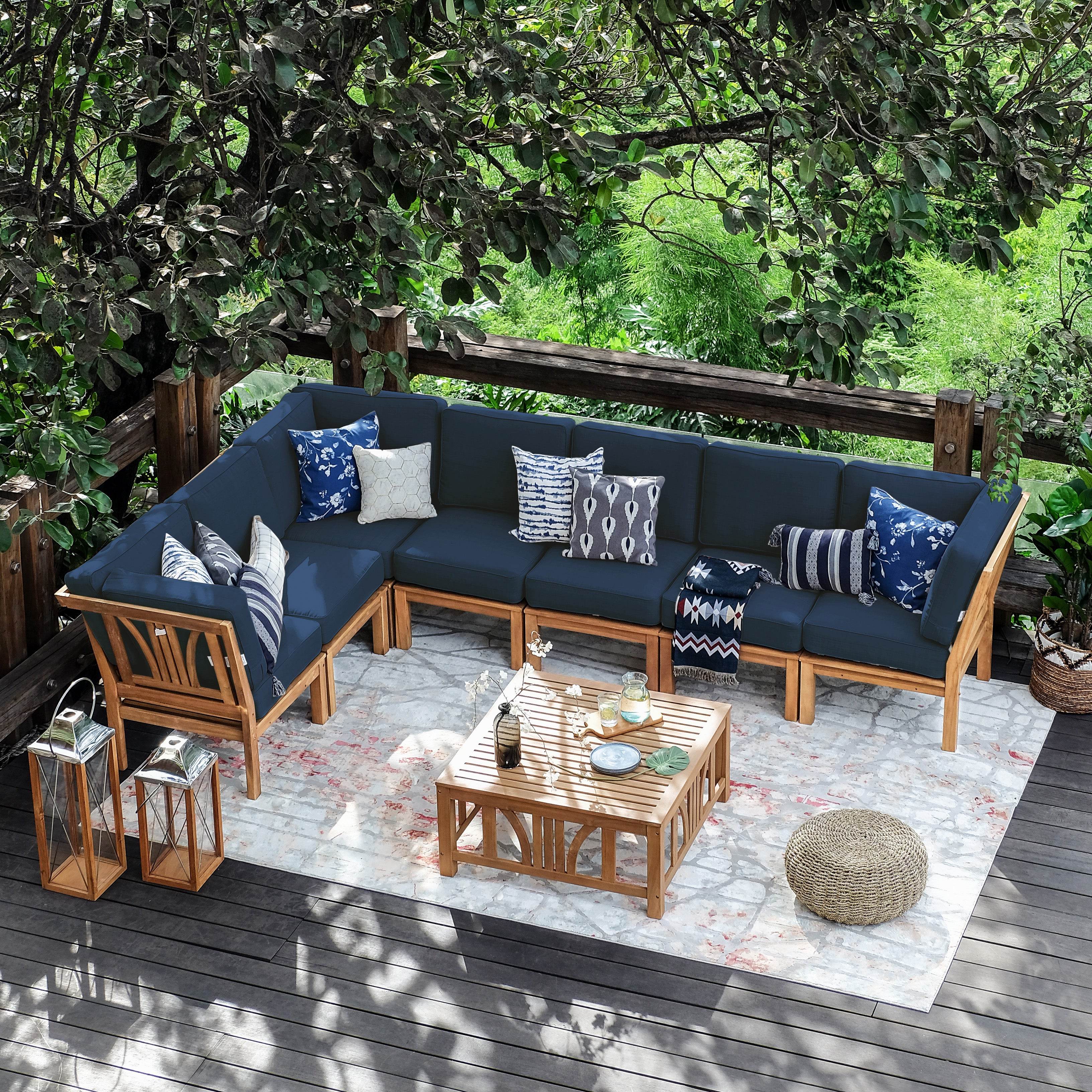 Abbington Teak Wood 8 Pieces Patio Sectional Set with Navy Cushion - Image 3