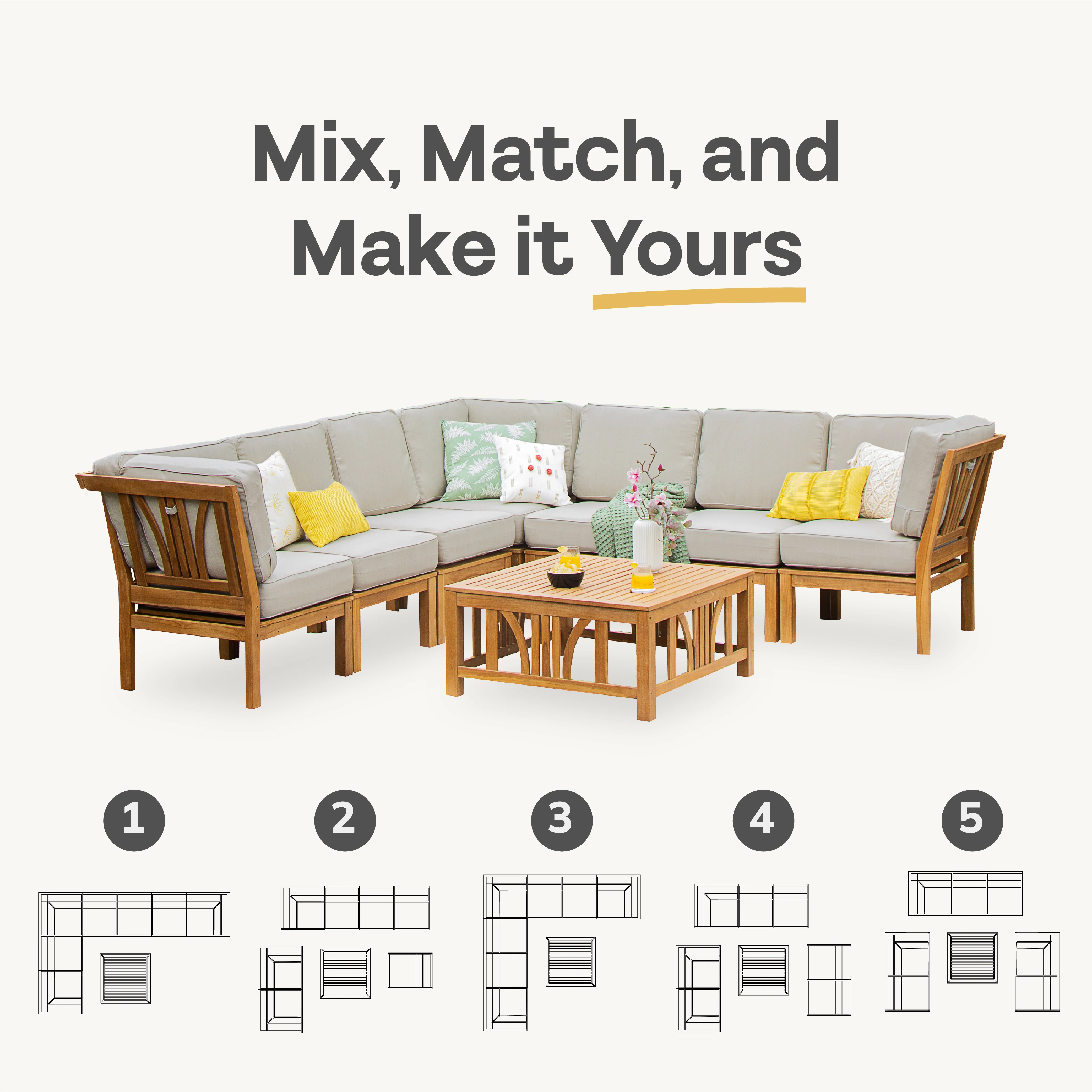 Abbington Teak Wood 8 Pieces Patio Sectional Set with Navy Cushion - Image 4