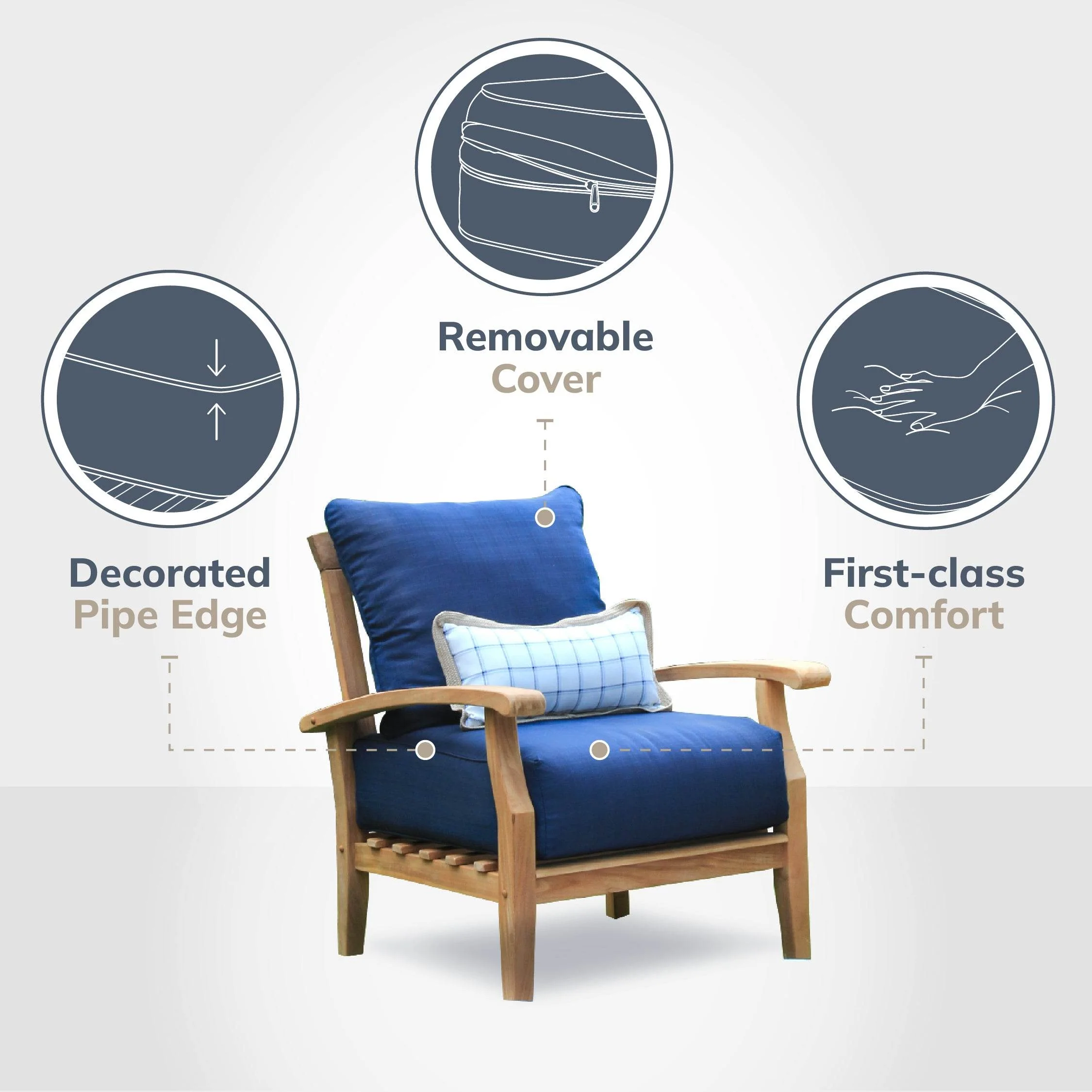 Caterina Teak Wood Outdoor Lounge Chair with Navy Cushion - Image 4
