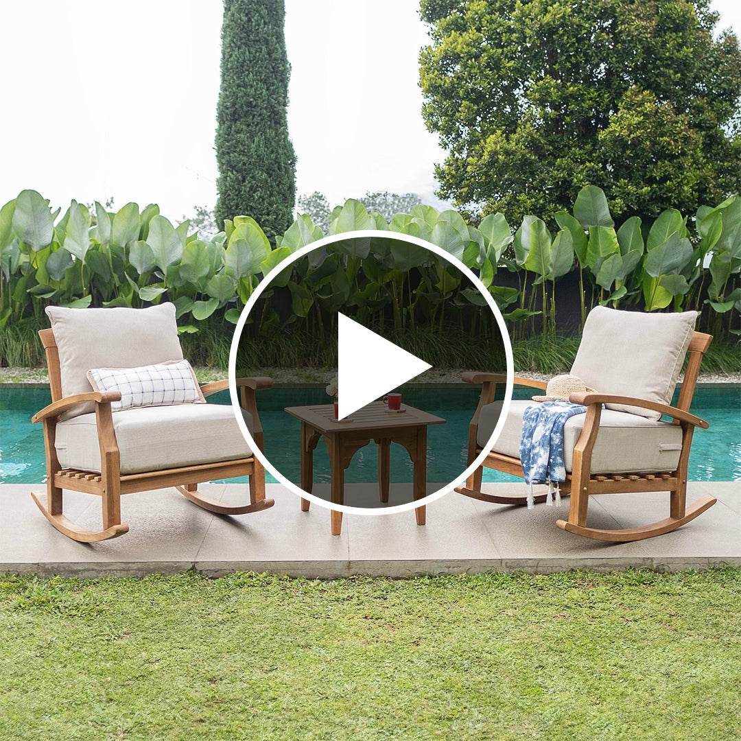Caterina Weathered Teak Wood 3 Piece Patio Rocker Conversation Set with Blue Spruce Cushion - Image 5