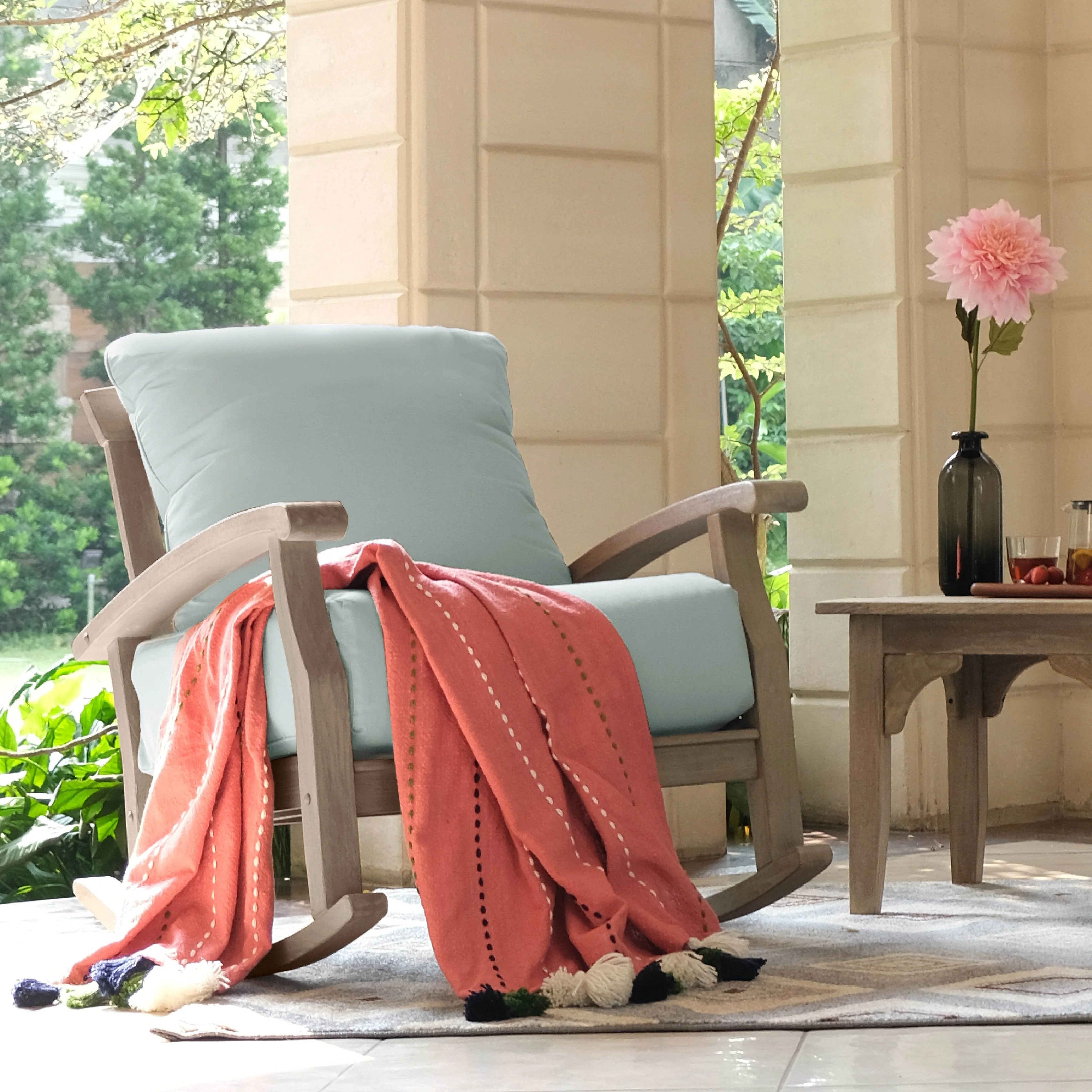 Caterina Weathered Teak Wood Outdoor Rocking Chair with Blue Spruce Cushion - Image 3