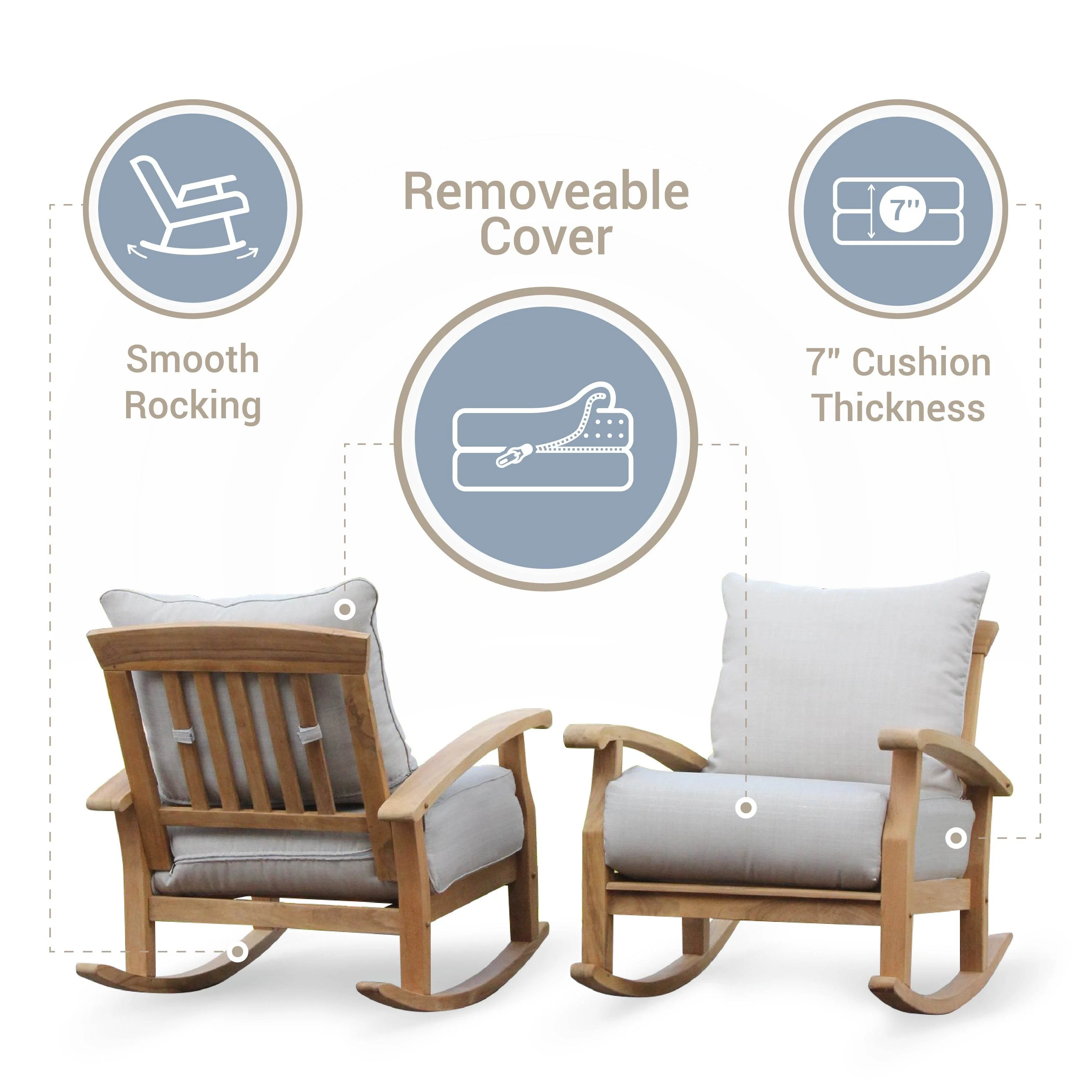Caterina Weathered Teak Wood Outdoor Rocking Chair with Blue Spruce Cushion - Image 4