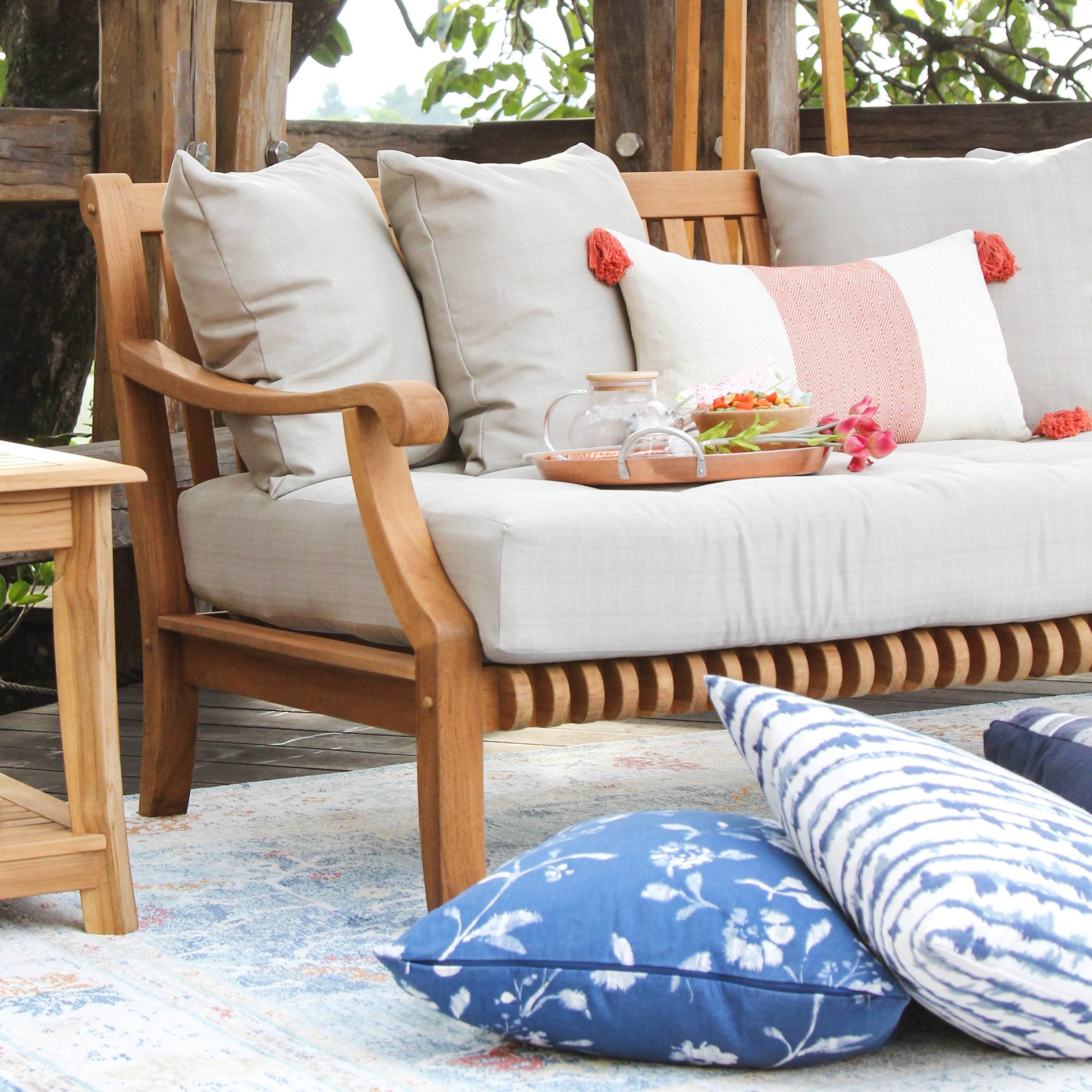 Mosko Teak Wood 5 Piece Patio Conversation Set with Beige Cushion - Image 10
